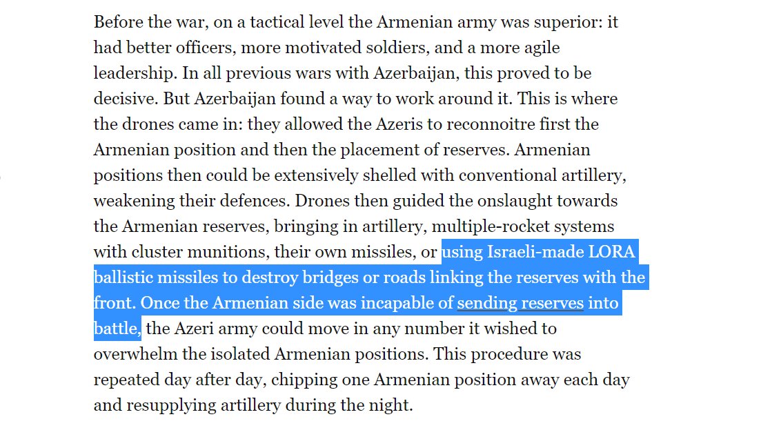 LORA was used, but it didn't completely destroy this bridge (there were at least 2 strikes) and there was a 2nd bridge used as an alternative. Certainly this hindered deploying reinforcements, but Armenia continued to bring in reserves up through the battle for Shusha.17/