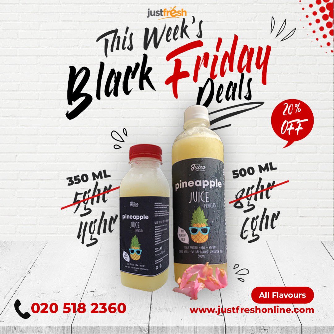 _justfresh's tweet photo. Did you know that we have amazing deals this season!
Get the 350ml juice at 4ghc & 500ml at 6ghc this season only. Free delivery orders even Top up offers for plantain lovers we are taking all orders #jollof #juice #justfresh #BlackFriday2020 #BlackFriday #Christmas2020 https://t.co/qUn39eagiT
