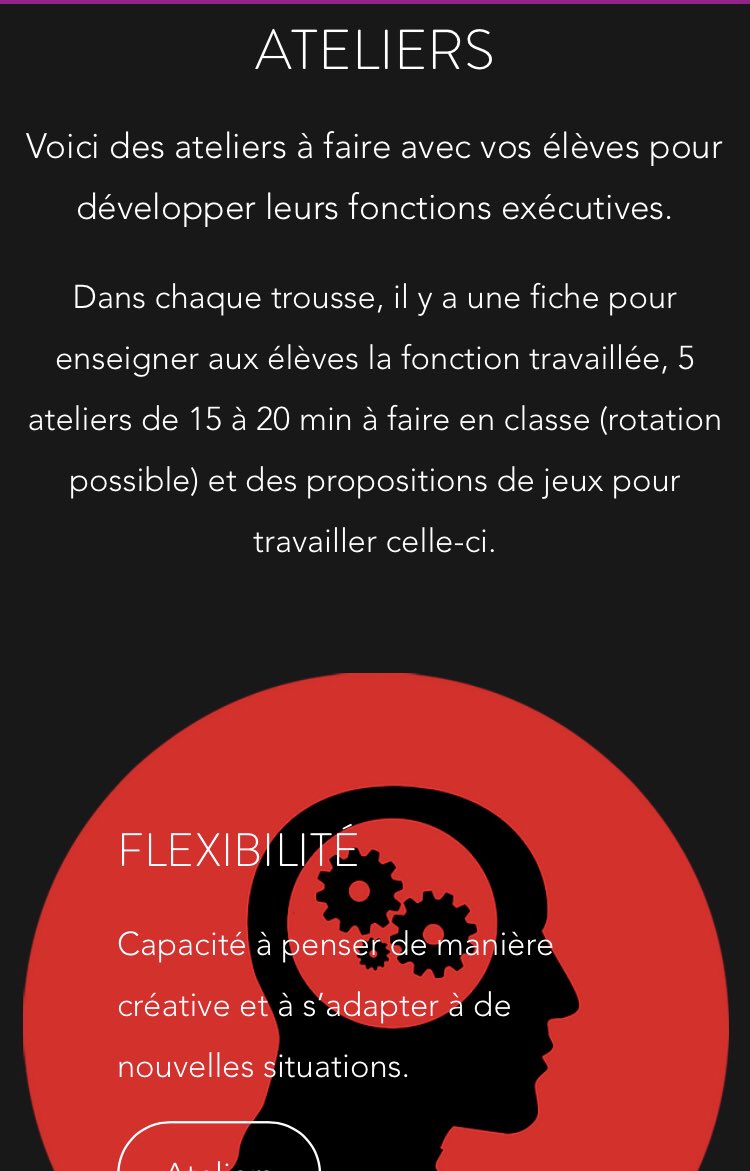 Pépite ❤️ pour relancer la classe en cette fin de 1er trimestre.
Des ateliers clé en main pour travailler les mécanismes cognitifs nécessaires aux apprentissages :  
- inhibition 
- flexibilité  
- mémoire de travail
- planification
- contrôle émotionnel jeannebedard.wixsite.com/fonctions-exec…