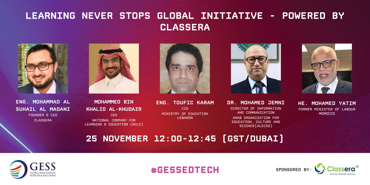 GESSeducation's tweet photo. Don't forget the slightly earlier start for Day 2 of the #GESSEdTech Virtual Summit.
@Classera start us off with an in depth look at their new "Learning Never Stops" initiative.
12:00-12:45 GST/Dubai - https://t.co/OA13pzu28R https://t.co/BbMciKCdWV