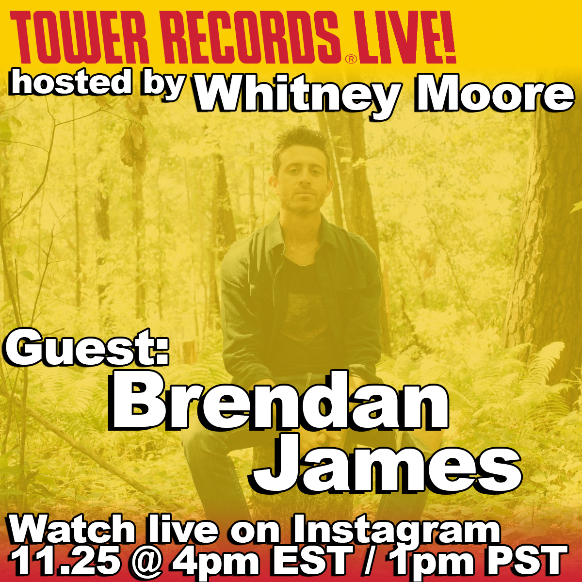 TowerRecords's tweet image. Stay with us on Instagram: #OfficialTowerRecords, because #BrendanJames is going LIVE with host @TweetneyMoore at 1pm PST / 4pm EST 💥 See you there! #TowerRecordsLive @bjamesmusic