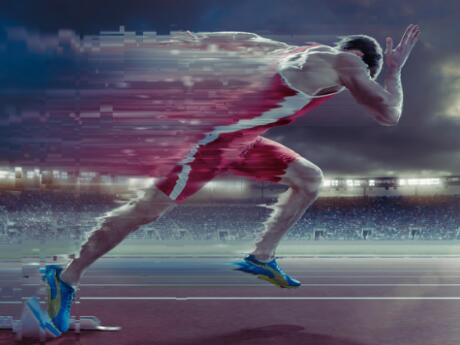 Успех абстракция. Двигаться вверх. Счастливый бизнесмен бежит. Бег минимализм. Бегущий человек на синем фоне.