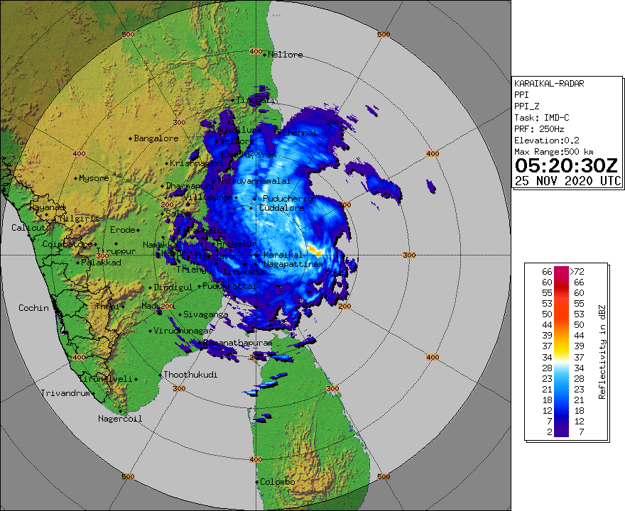 Indiametdept's tweet photo. Cyclone Warning for Tamilnadu and Puducherry coasts,SCS NIVAR to cross Tamil Nadu and Puducherry coasts between Karaikal and Mamallapuram around Puducherry during mid-night of 25th and early hours of 26th Nov as VSCS. https://t.co/GSCZ3bZkmL