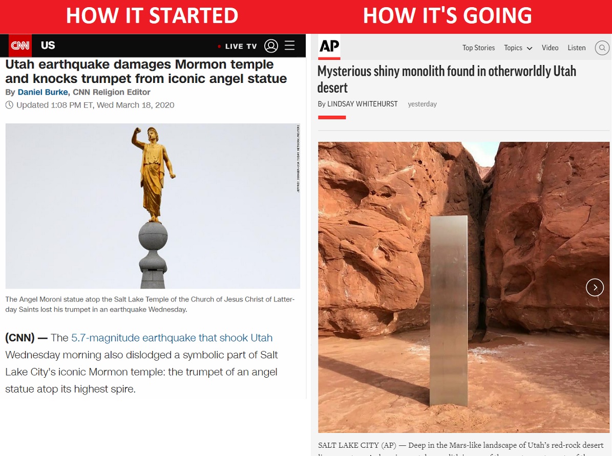 LibyanSibyl44's tweet photo. How it started. How it's going. #utahmonolith https://t.co/7TWicNGw5S