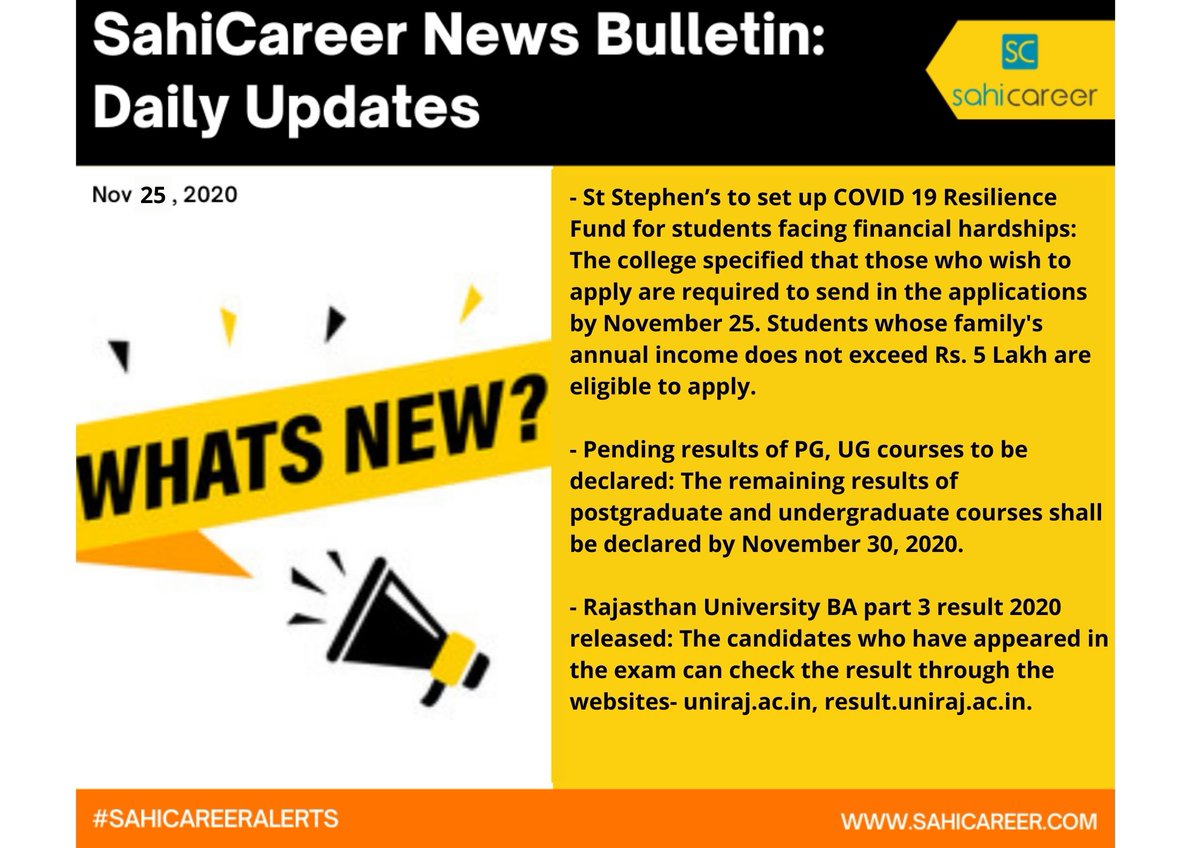 SahiCareer's tweet photo. Read through our daily News Bulletin!

#newsahicareer #SahiCareer #education #jobsearch #highereducation #delhiuniversity #rajasthan #delhi #RajasthanUniversity #results #Job #career #careerdevelopment #careercounselling #careercounselor #COVID #coronavirus #COVID19 #edutwitter https://t.co/zxAYiqokml