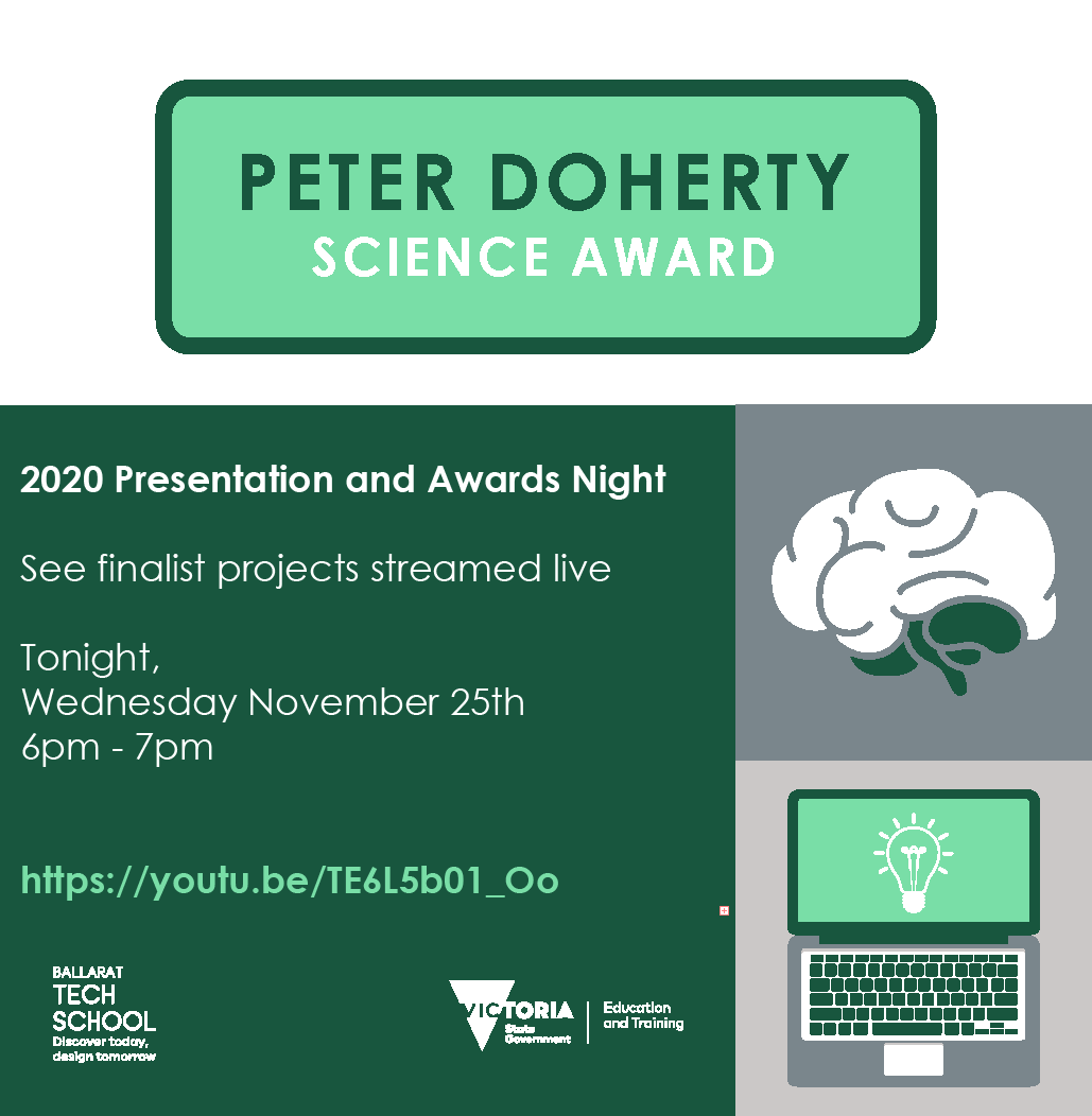 BallaratTS's tweet photo. Tonight at 6pm see the great student finalist projects for the Peter Doherty Science Award 2020.
https://t.co/yJ7aM6EBmA 
#stemeducation #ballarat #TechSchools https://t.co/kLtMarpSwF