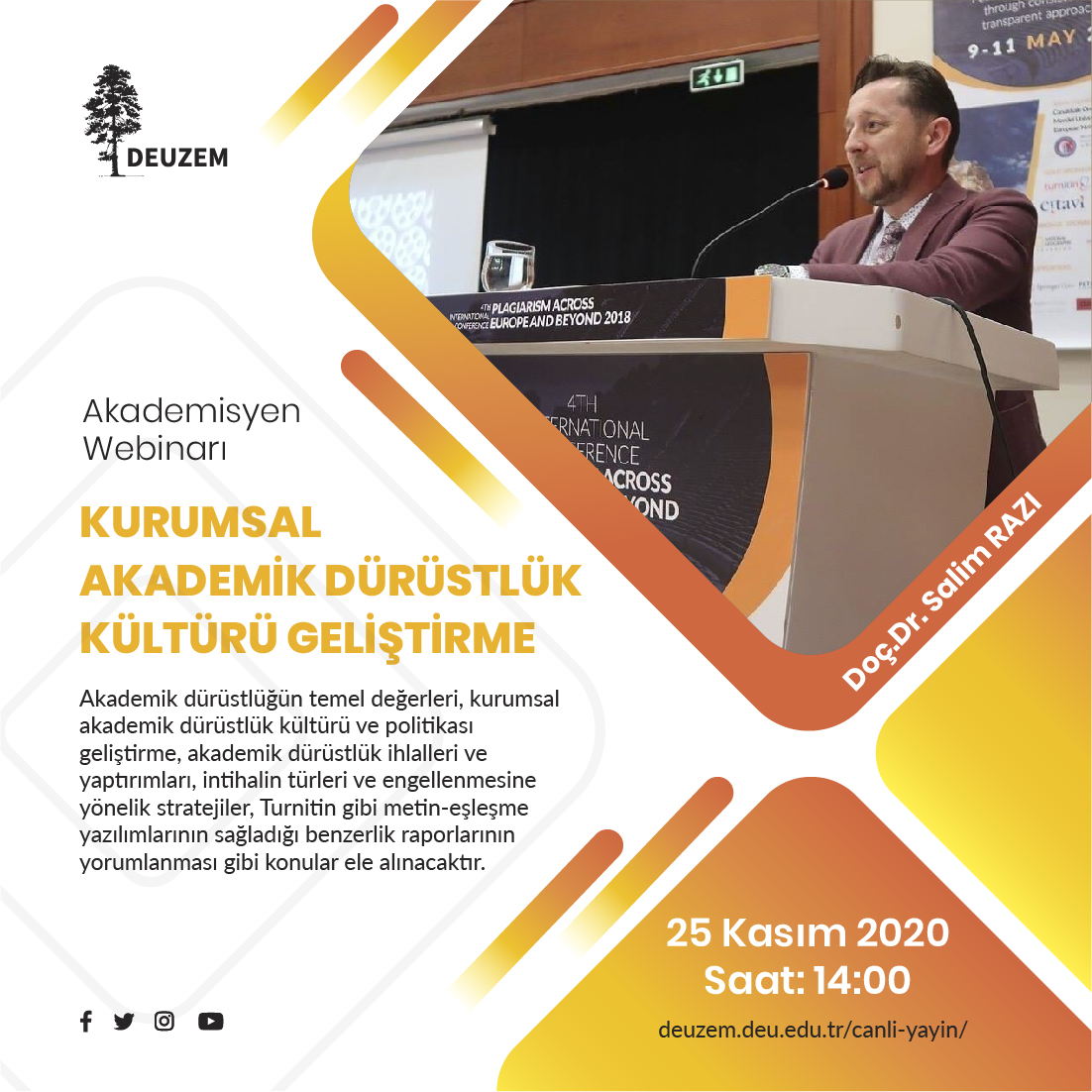 Tüm akademisyenlerimizi webinarımıza davet ediyoruz..
"Kurumsal Akademik Dürüstlük Kültürü Geliştirme"
Doç.Dr. Salim RAZI
Bugün saat 14:00 de canlı yayındayız. 👉 deuzem.deu.edu.tr/canli-yayin/
<a href="/universitemDEU/">Dokuz Eylül Üniversitesi</a>