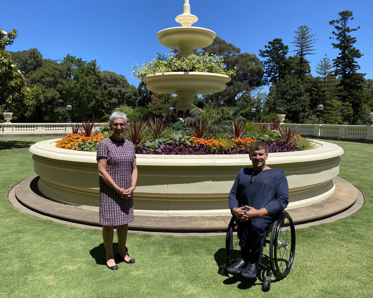 VicGovernor's tweet photo. Catching up with great Victorian athlete, @DylanAlcott, after he defended his title in the French Open, his 11th singles Grand Slam. A chance to hear about @ablefoodsau, a profit-for-purpose start-up aiming to produce quality meals and employment for people on the @NDIS https://t.co/uNocsT3Xur