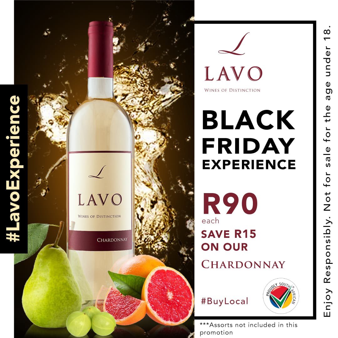 LavoWines's tweet photo. Black Friday is upon us and we have the best deals on your favourite Lavo Chardonnay wine. Save R15 on every bottle that you purchase. 
_____
Link in bio to purchase.
_____
#LavoExperience #WinesOfDistinction #LoveInAglass #LavoWine #SouthAfrican #Stellenbosch #Chardonnay https://t.co/y2ClEqgMyo