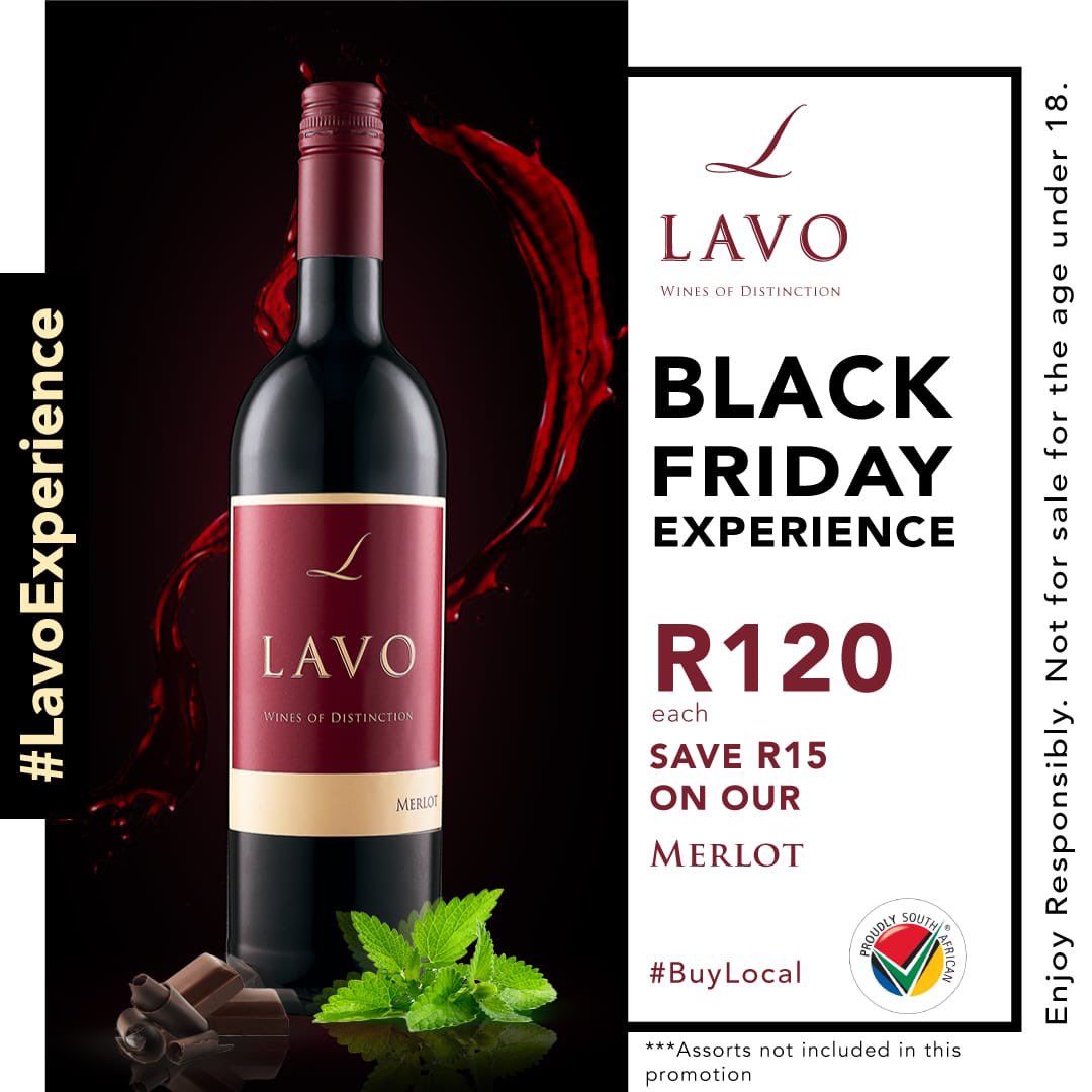 LavoWines's tweet photo. Black Friday is upon us and we have the best deals on your favourite Lavo Merlot wine. Save R15 on every bottle that you purchase. 
_____
Link in bio to purchase.
_____
#LavoExperience #WinesOfDistinction #LoveInAglass #LavoWine #SouthAfrican #Stellenbosch #merlot🍷 https://t.co/dDNpU3Lhr6