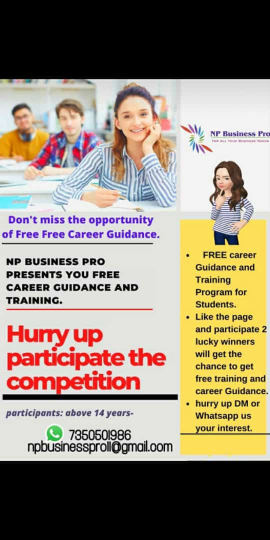 NPBUSINESSPRO1's tweet photo. Hey Guys,
NP BUSINESS PRO are providing free career guidance for 1 day Only 2 selected lucky winner will get opportunity. 
Conditions: 1. Like our page
2. Lucky winner will get a chance to avail training in NP BUSINESS PRO. 
Whatsapp your interest: 7350501986 
#careerguidance https://t.co/ES8mHkUuKH