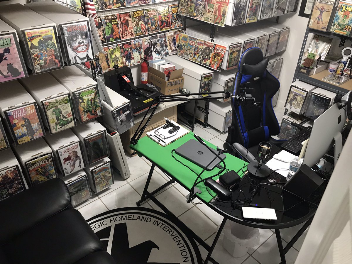 RobWorst's tweet photo. Redecorating my comic office at 2am on #NCBD and I think I’m going to put “HALL OF JUSTICE” above the window in camera view for the Attorneys &amp; Judges... ok, and for me.
.
Live episode of #NotNearMint tonight at 10pm featuring @IFLC_Nuff_Said 
😸
https://t.co/fVgB25VUyq https://t.co/KiwHyYroOv