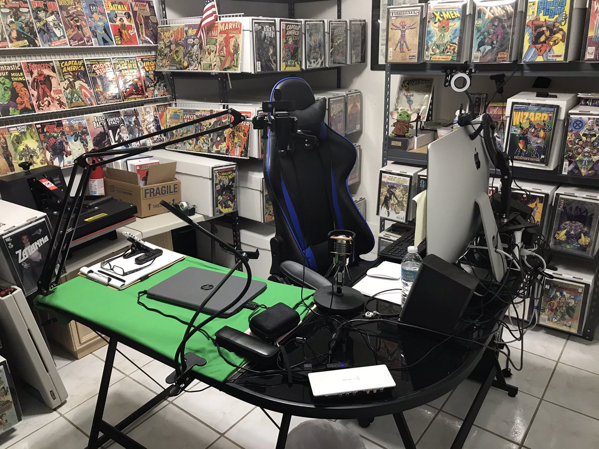 RobWorst's tweet photo. Redecorating my comic office at 2am on #NCBD and I think I’m going to put “HALL OF JUSTICE” above the window in camera view for the Attorneys &amp; Judges... ok, and for me.
.
Live episode of #NotNearMint tonight at 10pm featuring @IFLC_Nuff_Said 
😸
https://t.co/fVgB25VUyq https://t.co/KiwHyYroOv