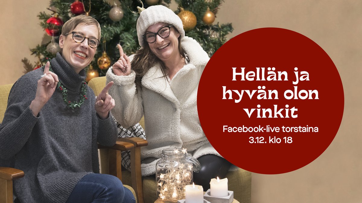 Jouluinen Facebook Live TO 3.12. klo 18 🧡

Tervetuloa kuulemaan parhaat hellän ja hyvän olon vinkit joulunodotukseen sekä fiilistelemään kanssamme aidosti hyvän joulun tunnelmaa Facebook Liven kautta: facebook.com/events/8733701… 

#aidostihyvääjoulua #hyvinvointi