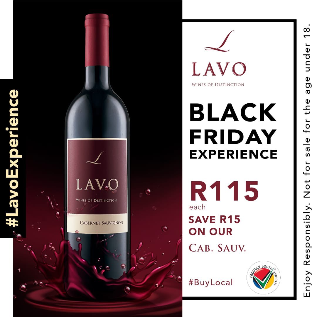 LavoWines's tweet photo. Black Friday is upon us and we have the best deals on your Lavo Cabernet Sauvignon favourite wine. Save R15 on every bottle that you purchase. 
_____
Link in bio to purchase.
_____
#LavoExperience #WinesOfDistinction #LoveInAglass #LavoWine #SouthAfrican  #Stellenbosch #CabSauv https://t.co/5WkhHMZwTe