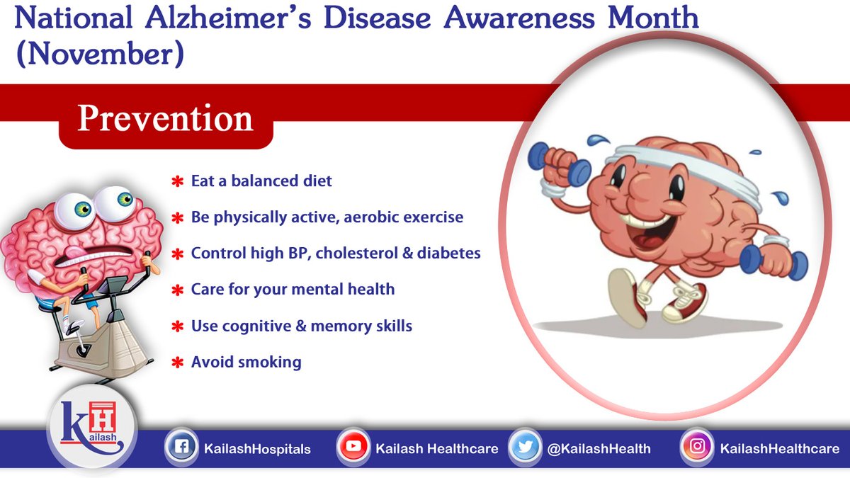 KailashHealth's tweet image. Prevent the risk of Alzheimer's disease by following a healthy lifestyle. Here are some prevention tips.

Consult our Neurologists.
Book an Appointment: kailashhealthcare.com

#PreventAlzheimers #AlzheimersAwarenessMonth #neuroproblem #alzheimersdisease #memoryloss