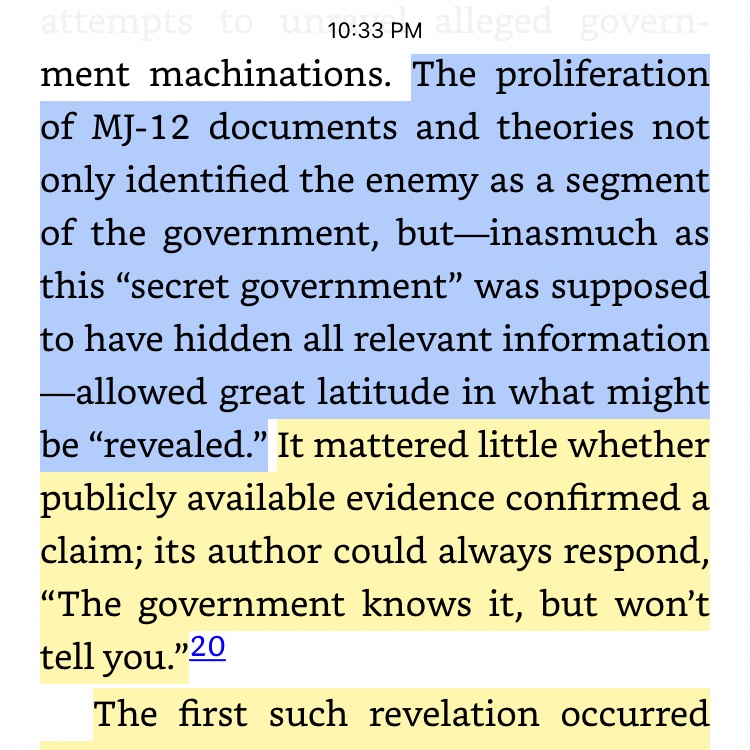 Plus, there were rhetorical advantages to the idea that the government *knows* the truth, but is hiding it: you’re totally free to go “Can I PROVE it? No, because they’re HIDING the proof, because this knowledge is too terrible to bear.”But watch how the story develops next.