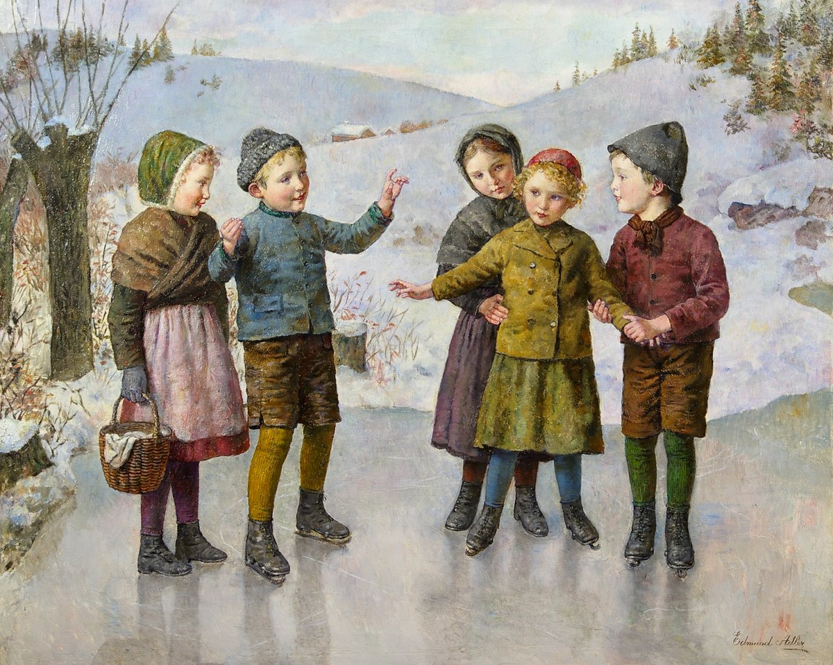 There is a seasonal feeling to this painting found hidden away in our warehouse ☃️⛄'Steady as you go' by the famous #Austrian painter Edmund Adler.
 #edmundadler
#adler
#skating
#iceskating
#frozenlake
#frozenpond
#frozenriver
#childsplay
#children
#CHRISTMAS
#Christmaspresent