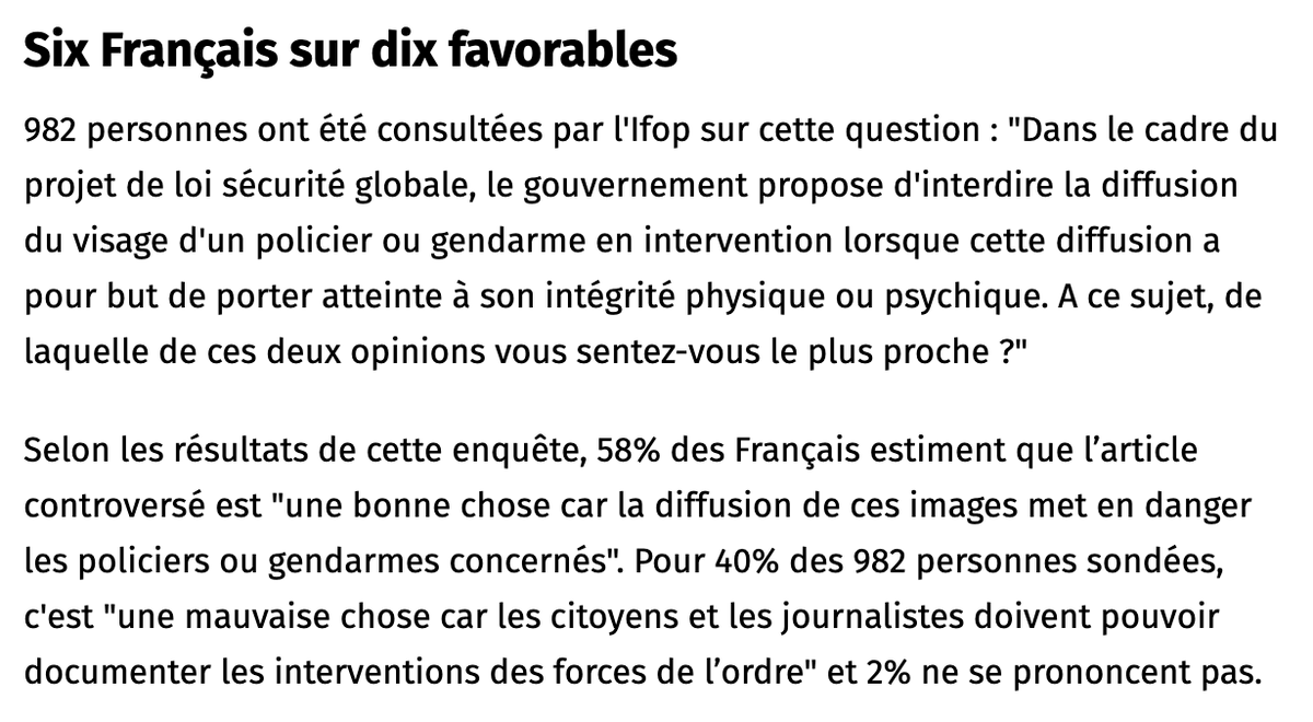 Daarjeeling's tweet photo. 6 français sur 10 favorables à l'article 24.
67% convaincus par l'intervention hier.
41% de popularité pour E. Macron.

Juste des sondages, bien sûr.

Mais à quel moment les media réalisent que le bashing constant de leurs chroniqueurs ineptes ne reflète pas la réalité du pays ? https://t.co/mSDmQ7oBtu