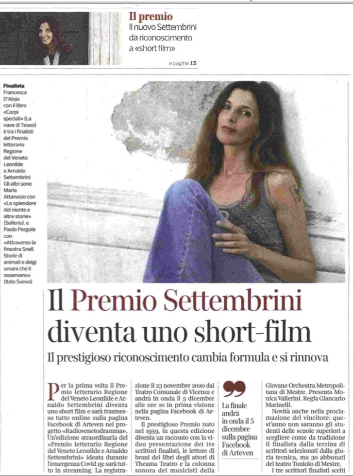 GiCivi's tweet photo. La 57* edizione del #premioletterariosettembrini potrà essere seguita via streaming il 5 dicembre nella veste di uno short film on line inserito all'interno del circuito di #radiovenetodramma di #arteven
Finalista @fdaloja con #Corpispeciali @corriereveneto @CasaLettori https://t.co/t2A9KwkR6l