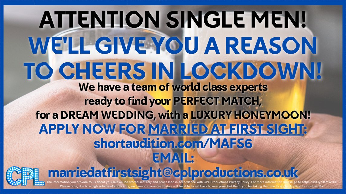 We are looking for SINGLE MEN to apply for the new series of Married at First Sight on #E4 APPLY HERE: shortaudition.com/mafs6

<a href="/YourFaceOnTelly/">GetYourFaceOnTelly</a> <a href="/AJ_TVCasting/">AJ Casting</a> <a href="/TVcastingcall/">TV Casting Calls</a> <a href="/IwanttobeonTV/">I want to be on TV</a> PLS RT