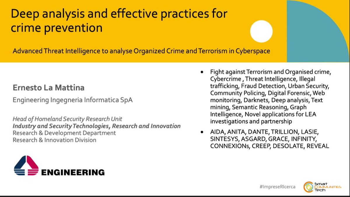 '@EngineeringSpA parla di #Deepanalysis per prevenire la #criminalità a #ImpreseRicerca 2020, un tavolo di lavoro organizzato da <a href="/cluster_smart/">SmartCommunitiesTech</a> per agevolare il confronto tra imprese e i più importanti organi di ricerca sul tema della #sicurezza fisica e digitale.