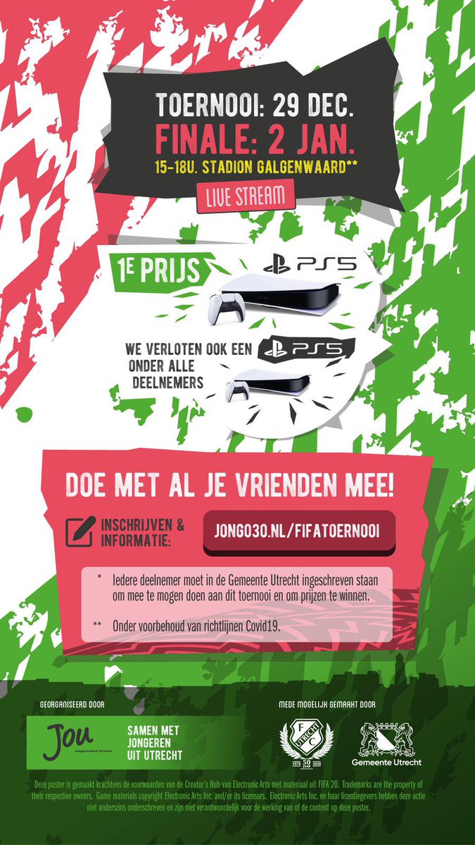 In de kerstvakantie organiseren we een online fifatoernooi! 
Op 29/12 online en op 2/1 met de 8 winnaars in Galgenwaard met lifestream. 
Zegt het voort😊
<a href="/fcutrecht/">FC Utrecht</a> <a href="/GemeenteUtrecht/">Gemeente Utrecht</a> #inschrijven #jong030 #kerstvakantie #FIFA20