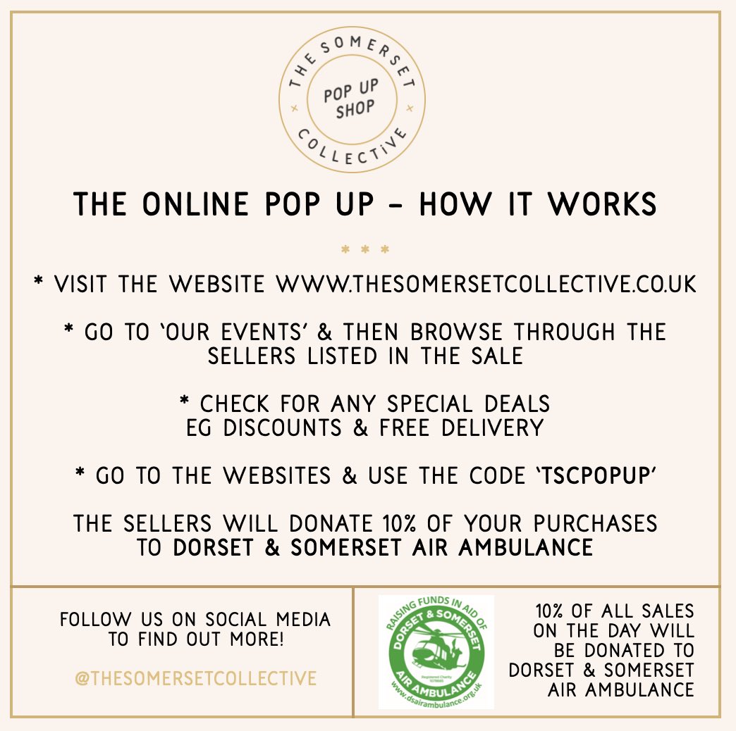 The Somerset Collective (@somcollective) on Twitter photo Our next online sale is on its way! Take a look at our website and see who’s taking part. 10% of all sales will be donated to <a href="/dsairambulance/">Dorset and Somerset Air Ambulance (DSAA)</a> plus there are loads of special offers. Use code TSCPOPUP. 🎄🎅🏻🎁
thesomersetcollective.co.uk/CHRISTMAS-POP-… Our next online sale is on its way! Take a look at our website and see who’s taking part. 10% of all sales will be donated to <a href="/dsairambulance/">Dorset and Somerset Air Ambulance (DSAA)</a> plus there are loads of special offers. Use code TSCPOPUP. 🎄🎅🏻🎁
thesomersetcollective.co.uk/CHRISTMAS-POP-…