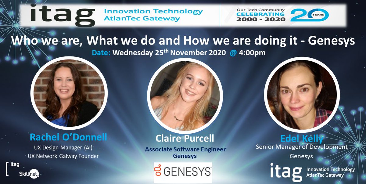 JoeSmyth10's tweet image. If you are student looking at your CAO choices and you are interested in what we do in Genesys and how we work have a listen to these three amazing Women in Tech. This is a free event hosted by ITAG Galway. Sign up free at: itag.ie/events/member-…