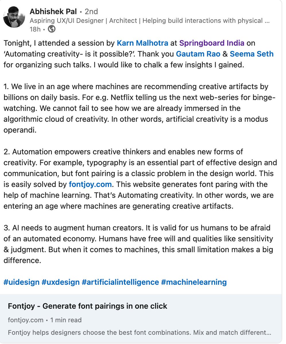 springboard_ind's tweet image. Thank you, Abhishek, for condensing your takeaways so accurately from Karn Malhotra&apos;s talk on &apos;Automating Creativity&apos; - a fruitful session about data-driven design practices that come in handy for every aspiring designer.
Check out our #UIUXDesign Program: in.springboard.com/courses/ui-ux-…