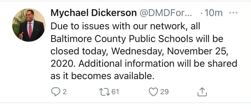 BCPS will be closed today, no classes for students. Please also note that teachers and staff will not have access to their BCPS email until further notice. We hope everyone has a safe, happy and healthy Thanksgiving break!