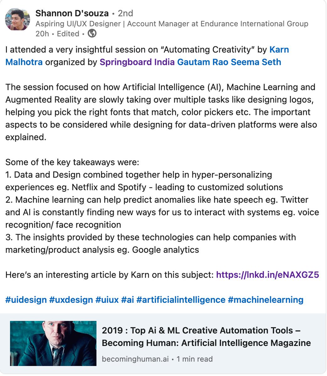 springboard_ind's tweet image. Thank you, Shannon, for summing up your takeaways from Karn Malhotra&apos;s talk on &apos;Automating Creativity&apos; - an insightful session conducted about data-driven design.
Check out our UI/UX Design Career Track: in.springboard.com/courses/ui-ux-…
#ui #designthinking #design #designers #UIUXDesign