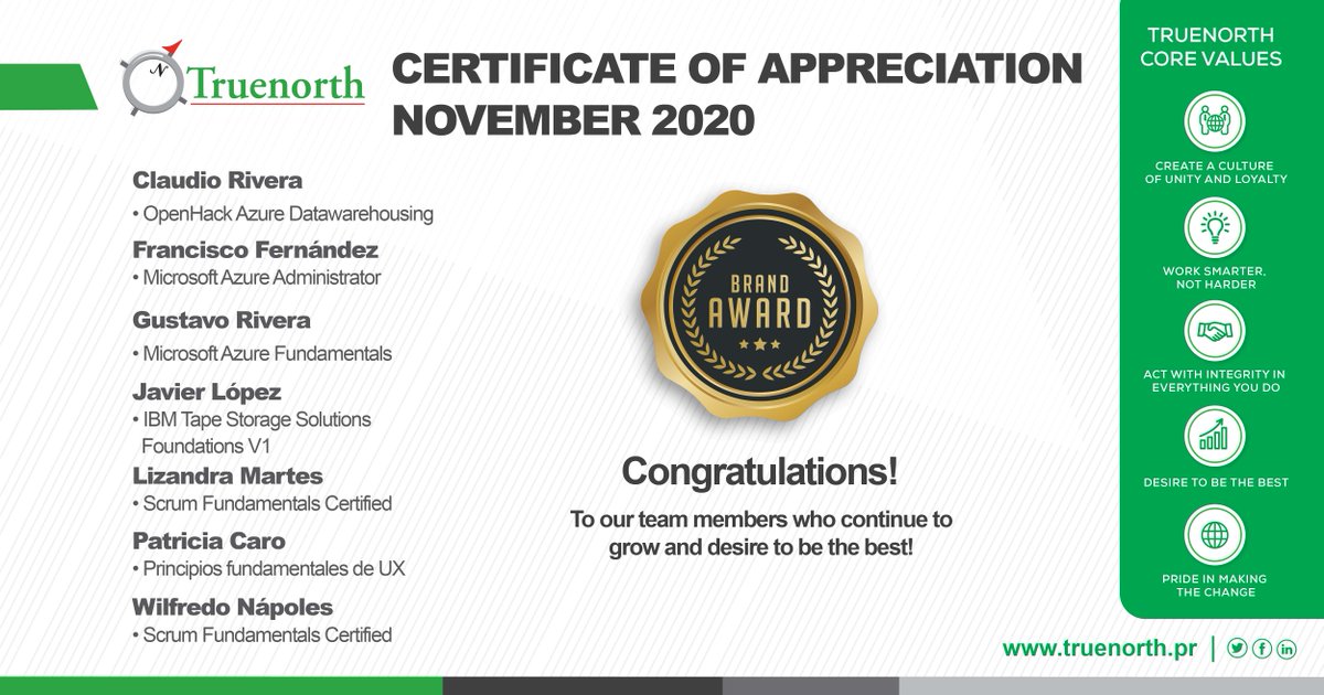 Truenorthpr's tweet image. Congratulations to our team members who continue to grow and desire to be the best! Learn more about us here: truenorth.pr/about/​

#truenorthpr ​#IBMcertifications #Scrumcertifications #Microsoftcertifications #leadingchange #TNcorevalues  ​
#uxfundamentals