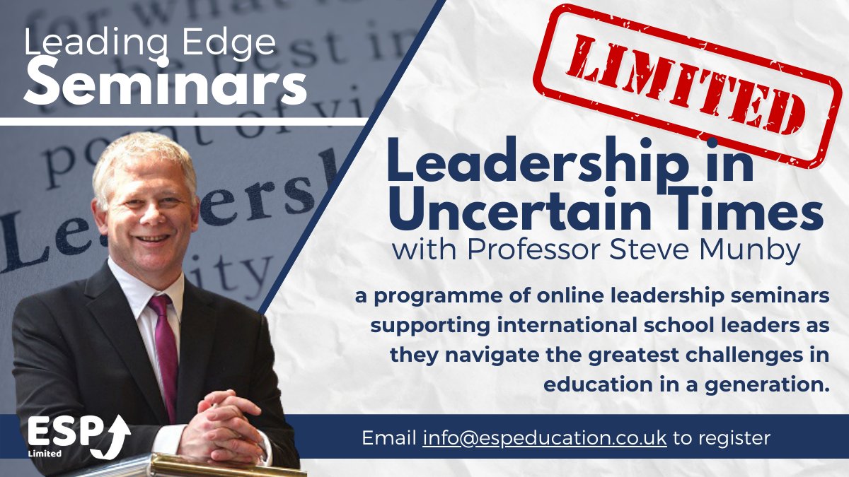 ESPEducationLtd's tweet photo. Only 5 days remain to secure your place on this insightful online seminar programme with Professor Steve Munby CBE.  Secure your place for only £350 today by emailing info@espeducation.co.uk.  Further information at https://t.co/iAMgsqUrD2 @steve_munby #internationaleducation https://t.co/Eby6o1eZpD