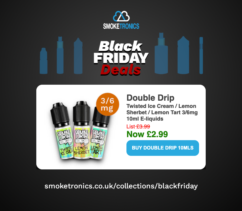 Smoketronicsuk's tweet photo. #blackfridaydeals #doubledrip 10ml premium e-liquids now only £2.99 https://t.co/xclg9lQATP https://t.co/tvX2rKFjbC