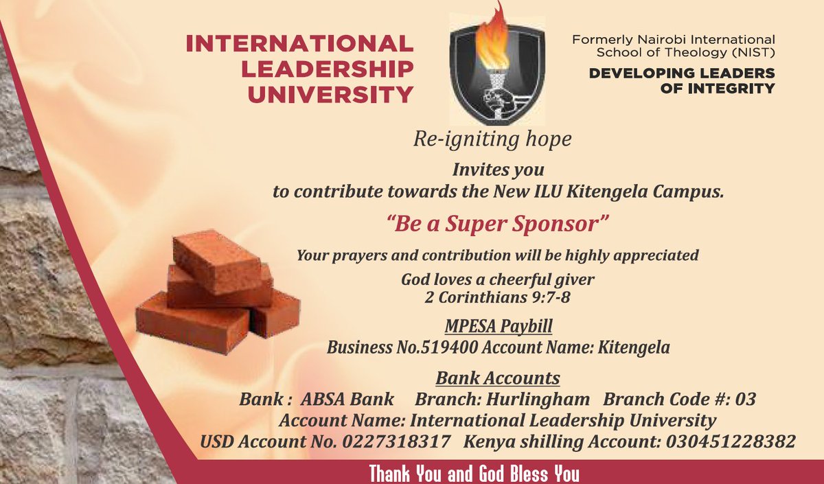 Please note also that registration is also open for our online classes, some of which include our newly CUE accredited programs, from the ILU Kilimani Nairobi Campus. You can apply from our website here: kenya.ilu.edu/student-applic…
#ilukenyaofficial
#faithtofaith
#reignitinghope