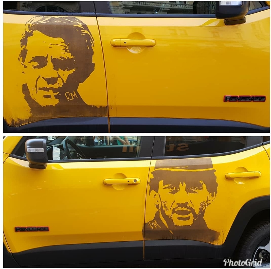 Ruddy_Muddy's tweet image. Keeping with the racing theme these are from a couple of years back and were drawn live at a car street show in Milan. Drawn on a Jeep Renegade, which caused a few problems compared to a van, hence not quite as good as I would have liked. #stevemcqueen #ayrtonsenna