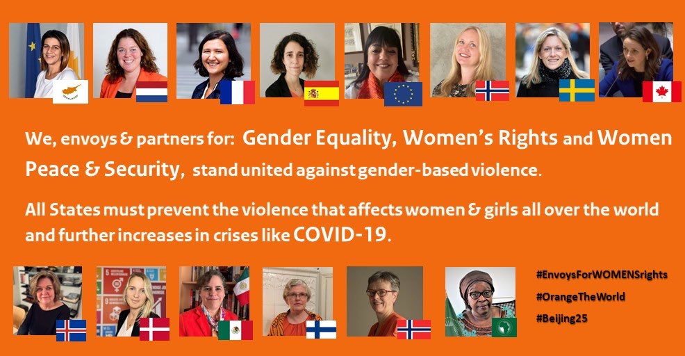 🗣 We, envoys for #genderequality #WomensRights and #WPS, stand united against gender-based violence. All women & girls must be able to live their lives free from violence. 🕊

#envoysforwomensrights #OrangeTheWorld  #GenerationEquality  #Beijing25