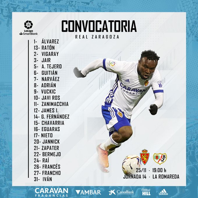 La convocatoria del Real Zaragoza para medirse al Rayo.