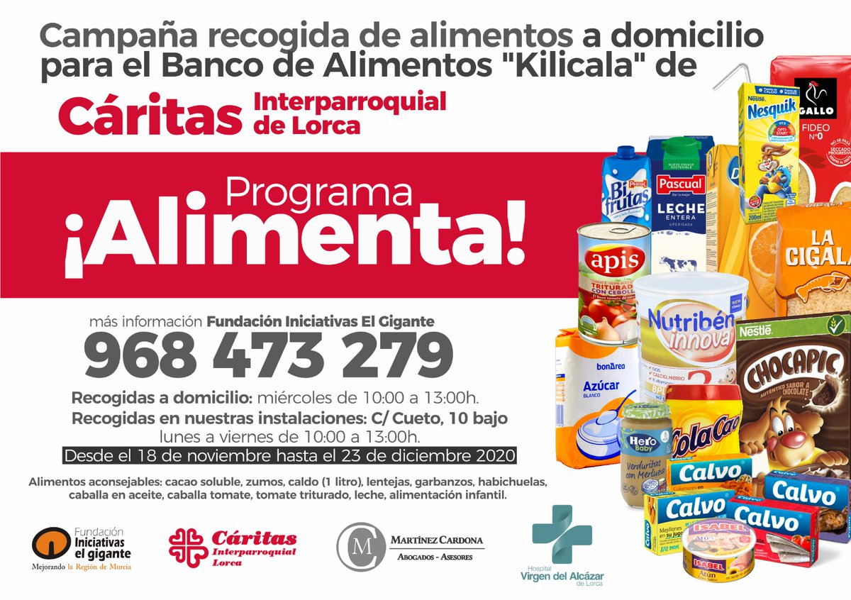 INIELGIGANTE's tweet photo. Desde nuestra Fundación (@fundacionieg) hemos lanzado el #programaalimenta de recogida de alimentos para el Banco de Alimentos de Cáritas Interparroquial de #lorca
Hay recogidas a domicilio y también en nuestra sede
Damos las gracias a @Hvirgenalcazar y a
@martinzcardona_ https://t.co/hSfhTyeoMF