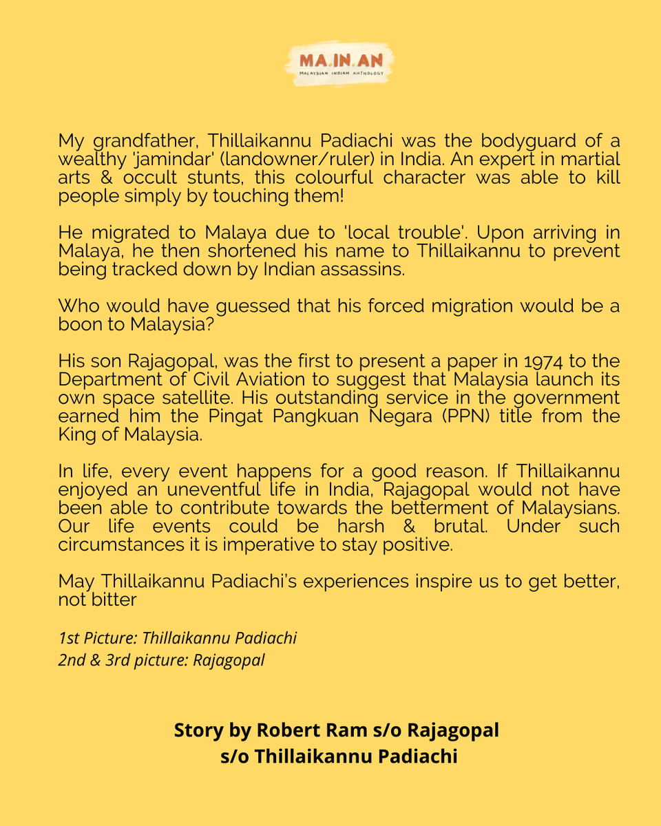 msianindian's tweet photo. "My grandfather, Thillaikannu Padiachi was the bodyguard of a wealthy 'jamindar' in India. 

He migrated to Malaya due to 'local trouble', where he then shortened his name to Thillaikannu to prevent being tracked down by Indian assassins."

✍️ Story by @DgrunitedRam https://t.co/F1d0FQ5lxl
