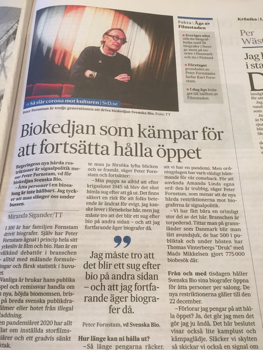 Svenska Bio kör vidare med 8 besökare per föreställning. Må denna tappra, familjeägda biokedja, där jag sett så många  kvalitetsfilmer med samhällsrelevans, belönas för sin uthållighet och överleva! <a href="/KulturdepSv/">Kulturdepartementet</a> <a href="/SvenskaBio/">Svenska Bio</a> #COVID19sverige <a href="/amandalind_/">Amanda Lind</a> <a href="/SvDKultur/">SvD Kultur</a>