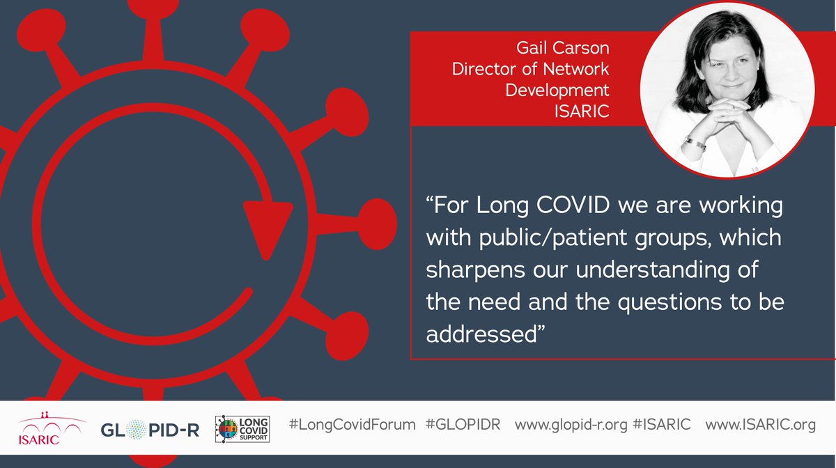 "By working across #GLOPID-R and #ISARIC our team helps to bring together researchers and research funders." <a href="/gail_carson/">Gail Carson</a> <a href="/long_covid/">Long Covid Support 🌍</a> | #LongCovidForum | 9 &amp; 10 December 2020 | open to all | #togetherwecan

Register: bit.ly/2Ukc5T8

#researchmatters #healthresponse