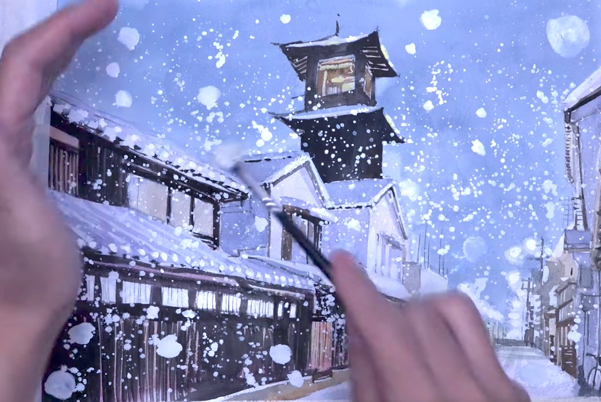 Twitter 上的 Color Factory 水彩画 雪の降らせ方 やってみました 降る雪の表現をやってみました T Co Npldb1vq2q 雪の描き方 雪の街 雪の表現 初心者 水彩画 描き方 講座 上達法 水彩絵の具の塗り方 Watercolor Japaneselandscape