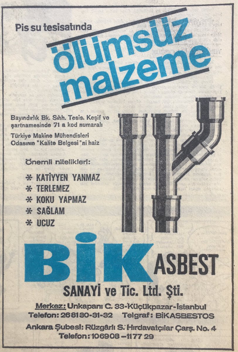 “Ölümsüz Malzeme” olarak satılan  #asbest’li su boruları, binlerce kişinin ölümüne neden oldu. Ucuz bir ham-madde bu ve sahiden çok dayanıklı. Çeliğin direncinden bile güçlü bir direnci var.Titaniğin enkazındaki eskimemiş ayakkabılar da asbestli oldukları için çürümemişler.