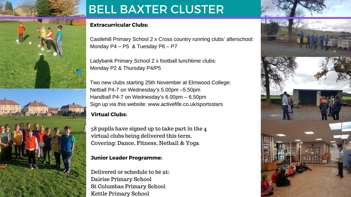 FifeActiveSch's tweet photo. Bell Baxter Primary Schools in Term 2:
β½οΈβΉοΈπ€ΎββοΈExtracurricular clubs running
π§ββοΈπͺπ€ΈVirtual content on offer
π§βππββοΈJunior Leaders programmes being delivered
#keepfifeactive @FifeSchoolSport
@Castlehillcupar @DairsiePS @LadybankPS @StColumbasRCPS https://t.co/jbwNteOgUs