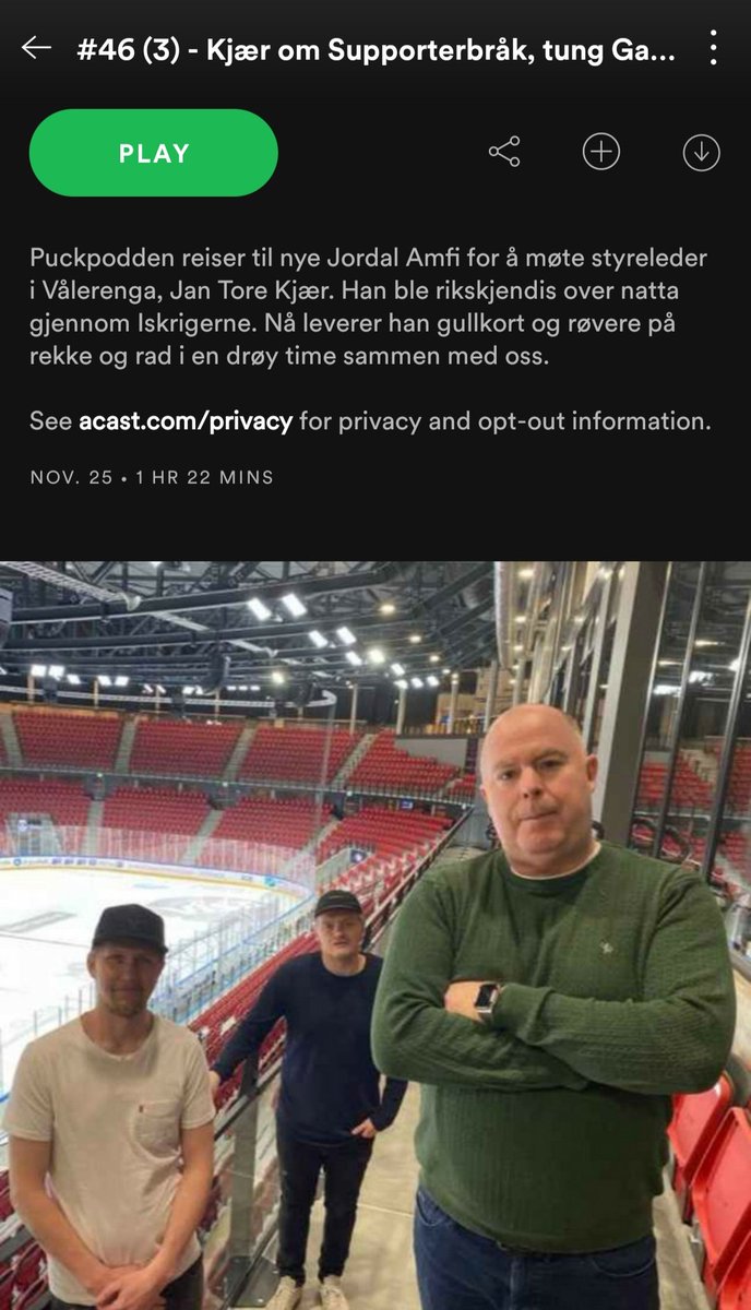 Eirik Johansen (@eirikjohansen62) on Twitter photo Vi visste det ville bli tøft å følge opp etter Ståle, men tror vi har klart det! Sirkusdirektør <a href="/JanToreKjr/">Jan Tore Kjær</a> inviterte meg og <a href="/BendikEriksen/">Bendik H. Eriksen</a> til en time og 22 minutter med mimring og røvere på nye Jordal. Sjekk ut den nyeste episoden av puckpodden! #2hockey Vi visste det ville bli tøft å følge opp etter Ståle, men tror vi har klart det! Sirkusdirektør <a href="/JanToreKjr/">Jan Tore Kjær</a> inviterte meg og <a href="/BendikEriksen/">Bendik H. Eriksen</a> til en time og 22 minutter med mimring og røvere på nye Jordal. Sjekk ut den nyeste episoden av puckpodden! #2hockey