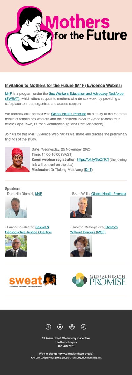 Ntk007's tweet photo. @SweatTweets's Mothers for the Future (M4F) group is inviting you to this evidence webinar taking place today at 2pm (SAST), with @brianwillisghp @_SRJC @MSF_southafrica @drtlaleng. Zoom registration link: https://t.co/ecCWHlzQWI. https://t.co/P3ZGRom5GF
