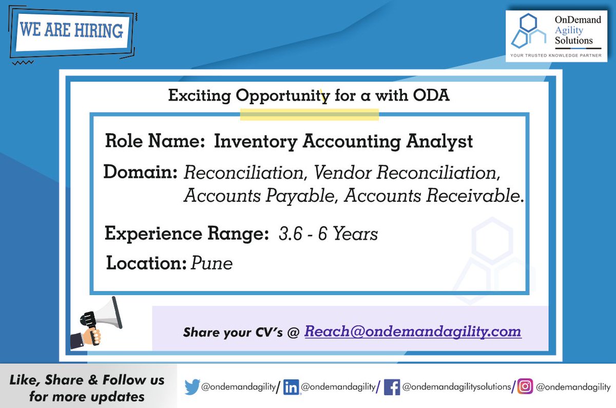 To Apply 📧 - Reach@ondemandagility.com

*Subject – Location :: Role :: Experience

*Candidate must be available for the Pune location.

#ODA #PuneJobs #HiringNow #Reconciliation #Agility #VendorReconciliation #Software #Data #Analytics #FinTech #BigData #BFSI