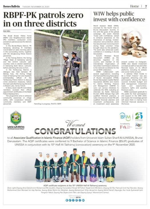 IBFIM's tweet photo. IBFIM in Brunei newspapers - Borneo Bulletin and Media Permata featuring our congratulatory notes to the Associate Qualification Islamic Finance (AQIF) holders from Universiti Islam Sultan Sharif Ali (UNISSA), Brunei Darussalam.

#ibfim #aqif #unissa #borneobulletin #mediapermata https://t.co/45b3TGXYTW
